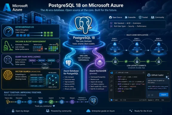 Promotional graphic for PostgreSQL 18 on Microsoft Azure, highlighting AI-era features and multi-zone replication.