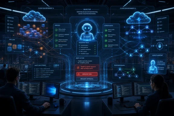 AI agent monitors cloud access control and audit logs in a futuristic operations room with two analysts.