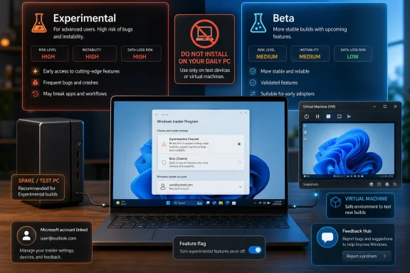 Dashboard showing Windows Insider Program channels—Experimental, Beta, and VM—on a laptop interface.