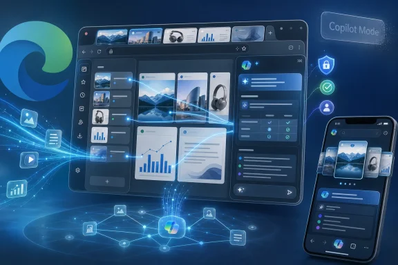 Futuristic dashboard and phone UI showing data analytics and Copilot Mode in a blue digital network scene.