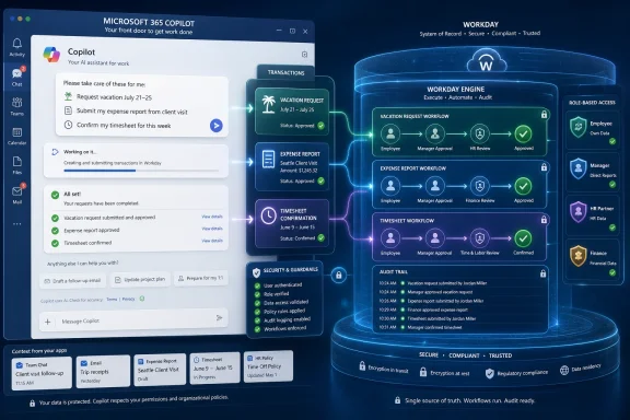 Screenshot of Microsoft 365 Copilot and Workday workflows showing approved vacation, expenses, and timesheets with security.