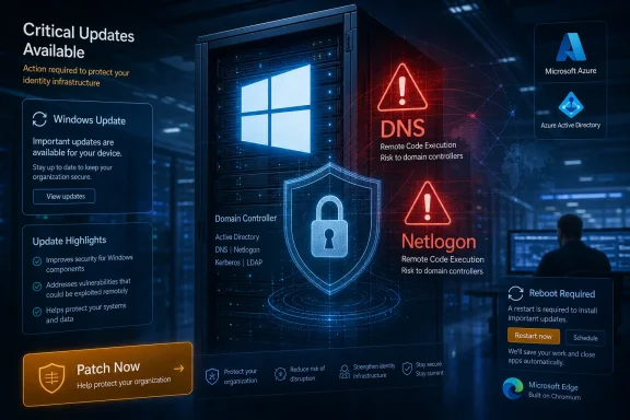 Cybersecurity alert graphic showing Windows updates and risks to DNS/Netlogon with patch and reboot prompts.