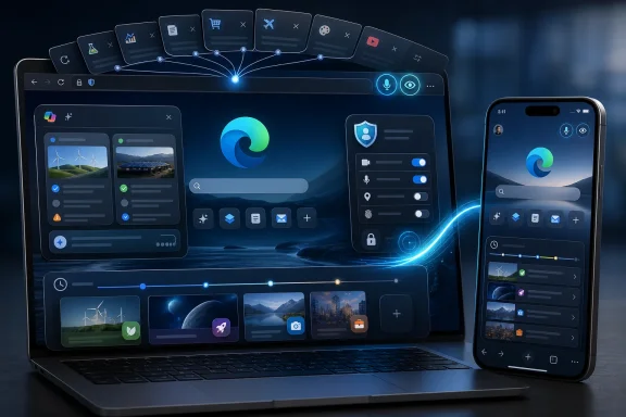 A laptop and smartphone display a futuristic, connected software interface with cloud features and icons.