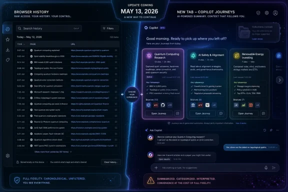 Futuristic browser interface showing quantum research summaries, journeys, and browser history controls.