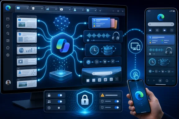 Digital cybersecurity interface with a laptop, phone, and interconnected data dashboards showing authentication and protection.