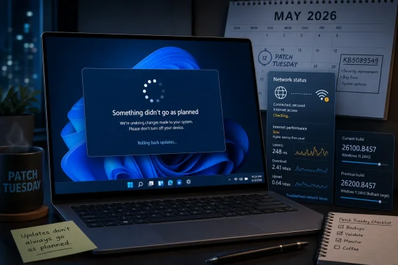 Laptop shows Windows update rollback warning amid Patch Tuesday calendar and network status diagnostics.