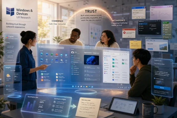 Office team reviews Windows UX dashboards promoting “TRUST” through coherent experiences.