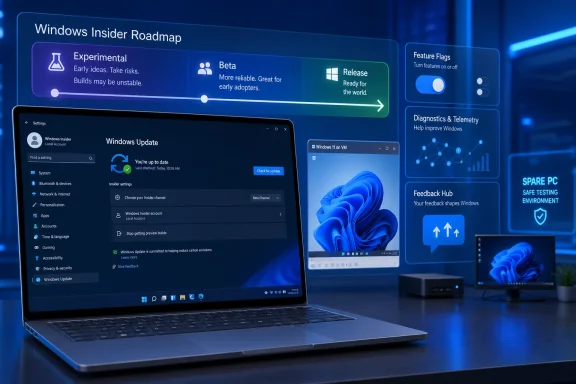 A laptop and display show the Windows Insider Roadmap with update and feature-flag panels in blue.