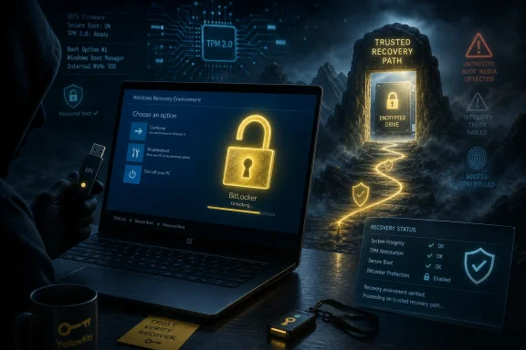 Security-focused Windows recovery screen shows BitLocker unlocking with trusted recovery path and verified integrity.