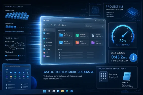 Futuristic infographic showcasing Windows shell modernization for Project K2 with faster, lighter File Explorer.