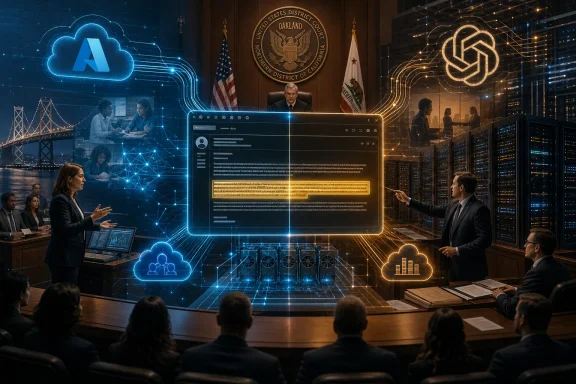 Courtroom scene with judges, servers, and AI/ cloud technology holograms over a central data screen.