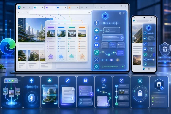 Futuristic digital dashboard on a laptop and phone with app icons, music waves, and data charts.