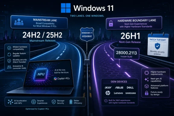 Futuristic “Windows 11” split highway graphic showing mainstream 24H2/25H2 and hardware boundary 26H1 updates.