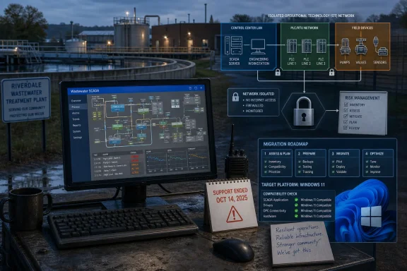 Control system SCADA dashboard overlays a wastewater plant, showing network isolation and an Oct 14, 2025 support end notice.