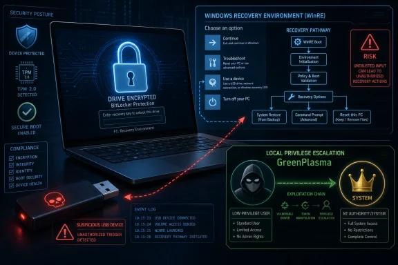 Cybersecurity-themed interface shows WinRE recovery and BitLocker drive unlock with risk alerts and privilege escalation diagram.