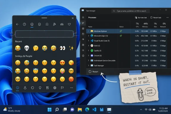 Windows 11 desktop shows Task Manager and an emoji picker alongside a “When in doubt, restart it out” note.