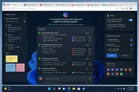 Screenshot of a browser-based travel and work planning summary for Tokyo across multiple tabs.