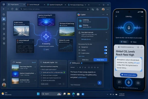 Screenshot of Copilot assisting in a web browser with quantum and clean energy content on a phone interface.