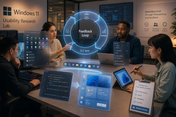 Team meeting in a tech lab with “Windows 11” and a glowing feedback loop UI over the table.