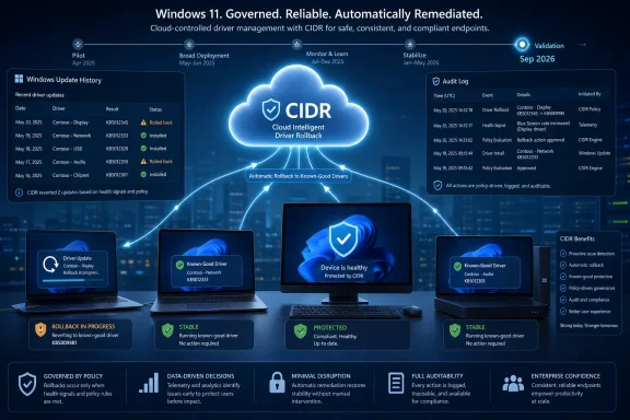 CLOUD CIDER cloud graphic showing Windows 11 compliant driver rollback and audit log timeline.