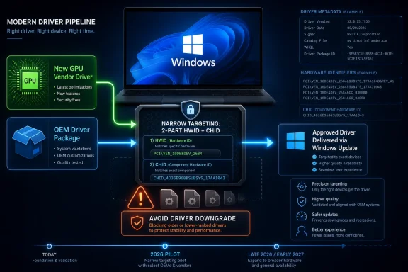 Infographic showing a Windows GPU driver pipeline with narrow targeting using HWID and CHID metadata.