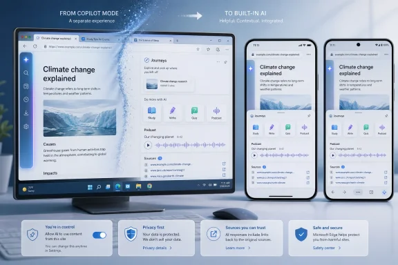 Three devices display an AI climate-change explainer, transitioning from Copilot mode to built-in AI.