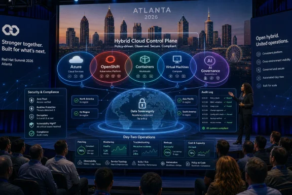 Speaker presents a hybrid cloud control plane at Red Hat Summit, with region and security dashboards on a city backdrop.