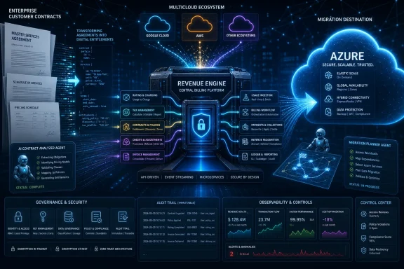 Digital cloud billing platform diagram with Azure migration, revenue engine, security, and governance panels.