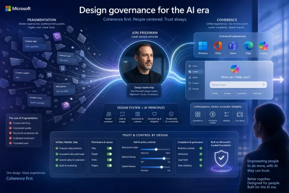 Microsoft design governance infographic for the AI era, featuring Jon Friedman and product coherence principles.