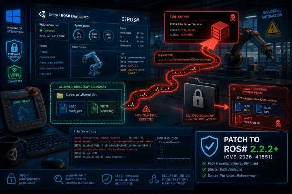 Cybersecurity dashboard shows a detected path traversal attack on a ROS# file server with patch info for CVE-2026-41551.