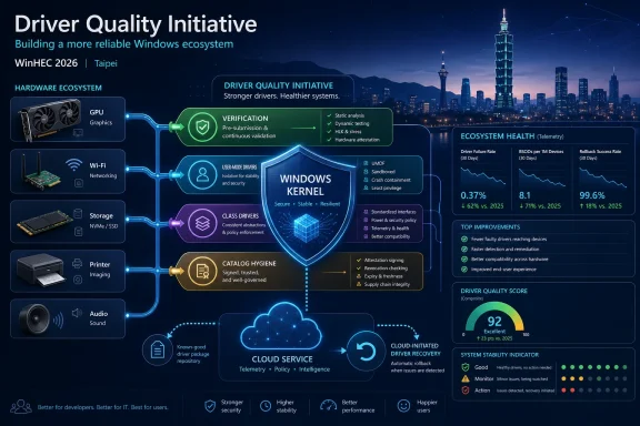 Infographic for Windows “Driver Quality Initiative” showing hardware drivers, verification, health metrics, and stability scoring.