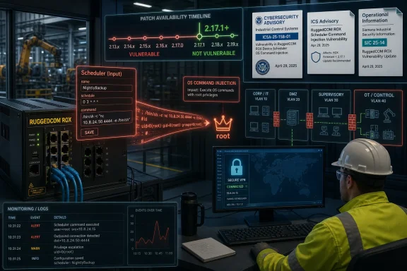 Industrial control cybersecurity dashboard shows RuggedCOM ROX OS command injection alerts with network attack timeline.