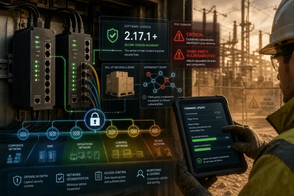 Technician updates industrial firmware while risk alerts show critical software vulnerabilities on a network screen.