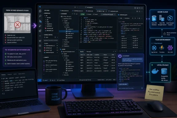 Developer workspace with code editor and SQL/Azure diagrams, showing a streamlined integrated workflow.