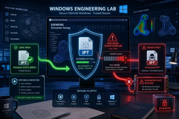 Futuristic Windows engineering lab interface showing secure CAD/CAE workflow with safe vs unsafe IPT scanning and quarantine.