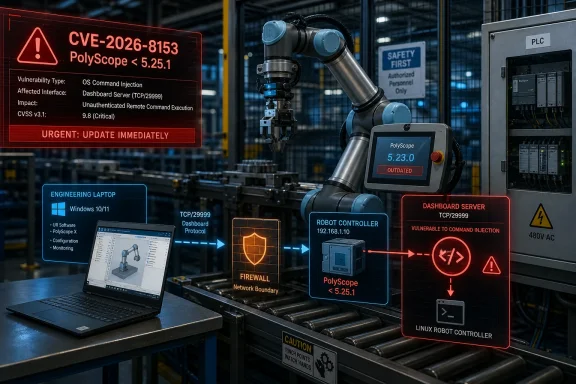 Industrial robot control system warning panel flags “CVE-2026-8153” and urges updating PolyScope immediately.