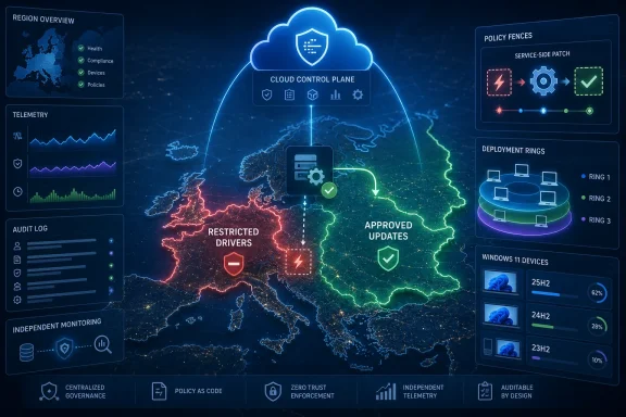 Cloud security dashboard overlaying a Europe map with policy controls, approvals, and telemetry graphs.