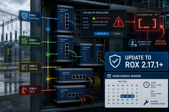 Industrial network cabinet interface shows “Feature Key Installation” with an “Unverified key” warning and firmware update.
