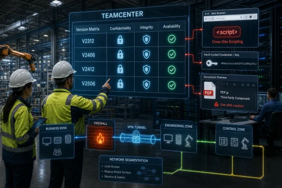 IT engineers in a server room monitor Teamcenter security dashboards showing vulnerabilities, firewall, and XSS alerts.