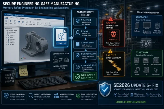 Secure engineering infographic showing a memory safety pipeline protecting manufacturing and IT networks from vulnerabilities.