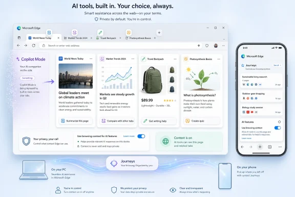Microsoft Edge “Copilot Mode” promotional UI shown on a laptop and smartphone with Journeys and AI tools.