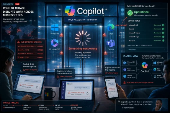 Microsoft 365 Copilot outage graphic shows errors, expired tokens, and “something went wrong” across devices.