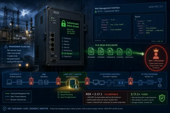 Industrial control system console shows an authenticated admin with JSON-RPC file read privilege risk overlay.