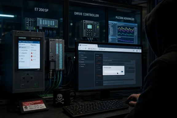 Industrial control system setup with a Siemens PLC and screen showing a firmware update in a dark lab.