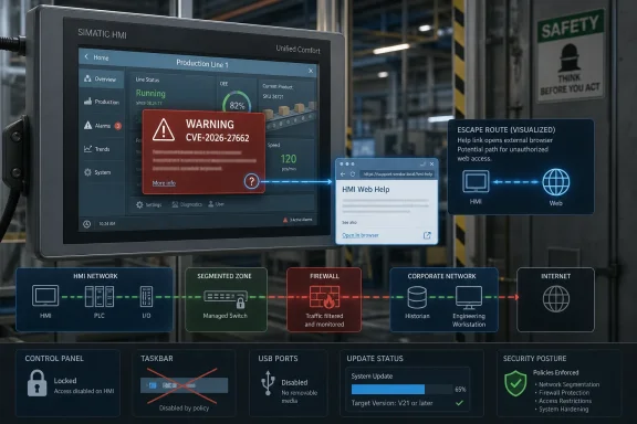 Industrial control HMI display shows a warning with network security and firewall visualization in a factory.