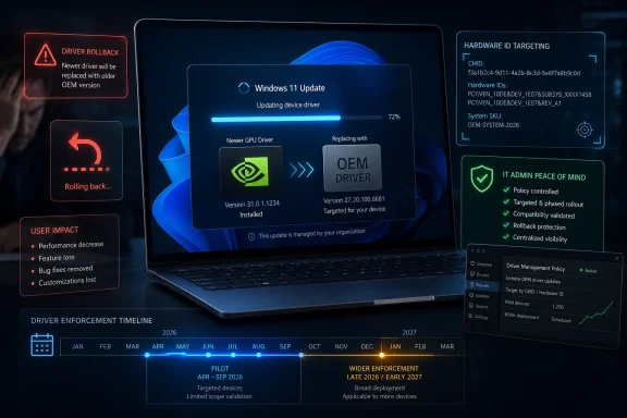 A laptop screen shows a Windows 11 driver rollback/update progress dashboard with targeting and admin controls.