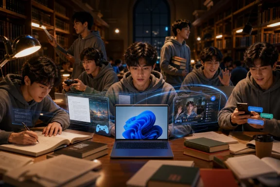 Team of gamers studying together at a library workbench with laptops and futuristic holographic screens.