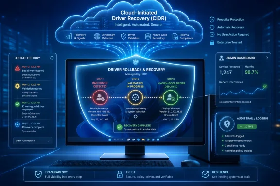 Cloud-based dashboard showing automated driver recovery (CIDR) with validation and rollback stages.