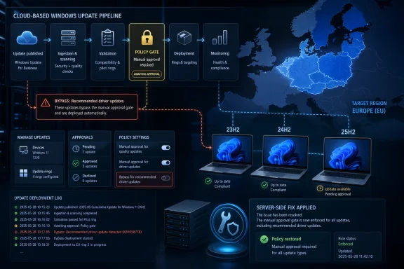 Cloud-based Windows update pipeline dashboard showing policy-gated approvals and phased Europe (EU) deployments.