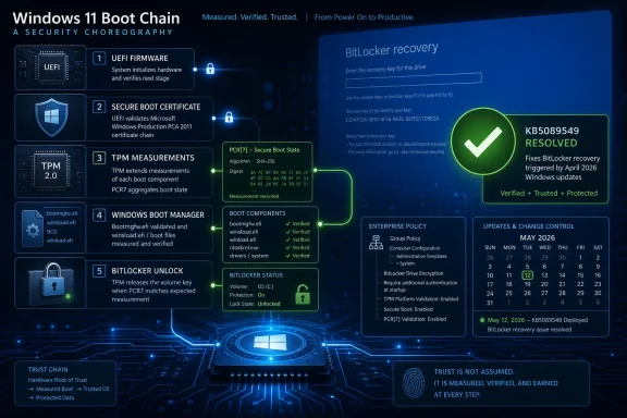 Infographic showing Windows 11 secure boot chain with BitLocker recovery resolved and verified trusted protection.